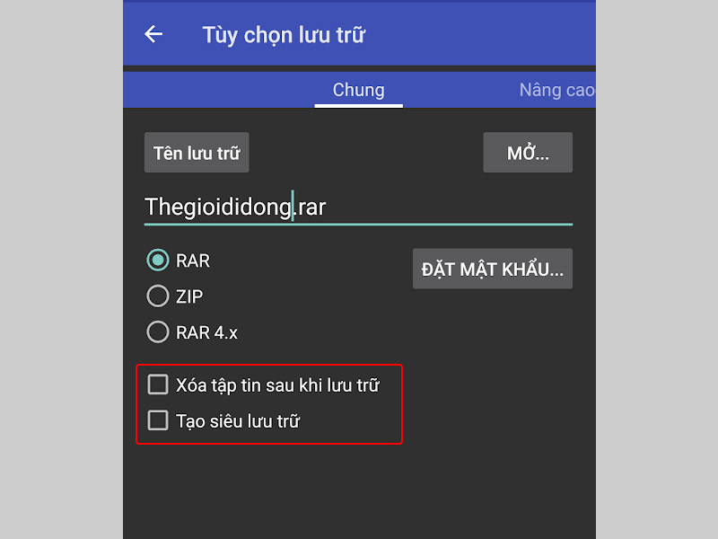 Chọn “Xóa tập tin sau khi lưu trữ” hoặc “Tạo siêu lưu trữ” 