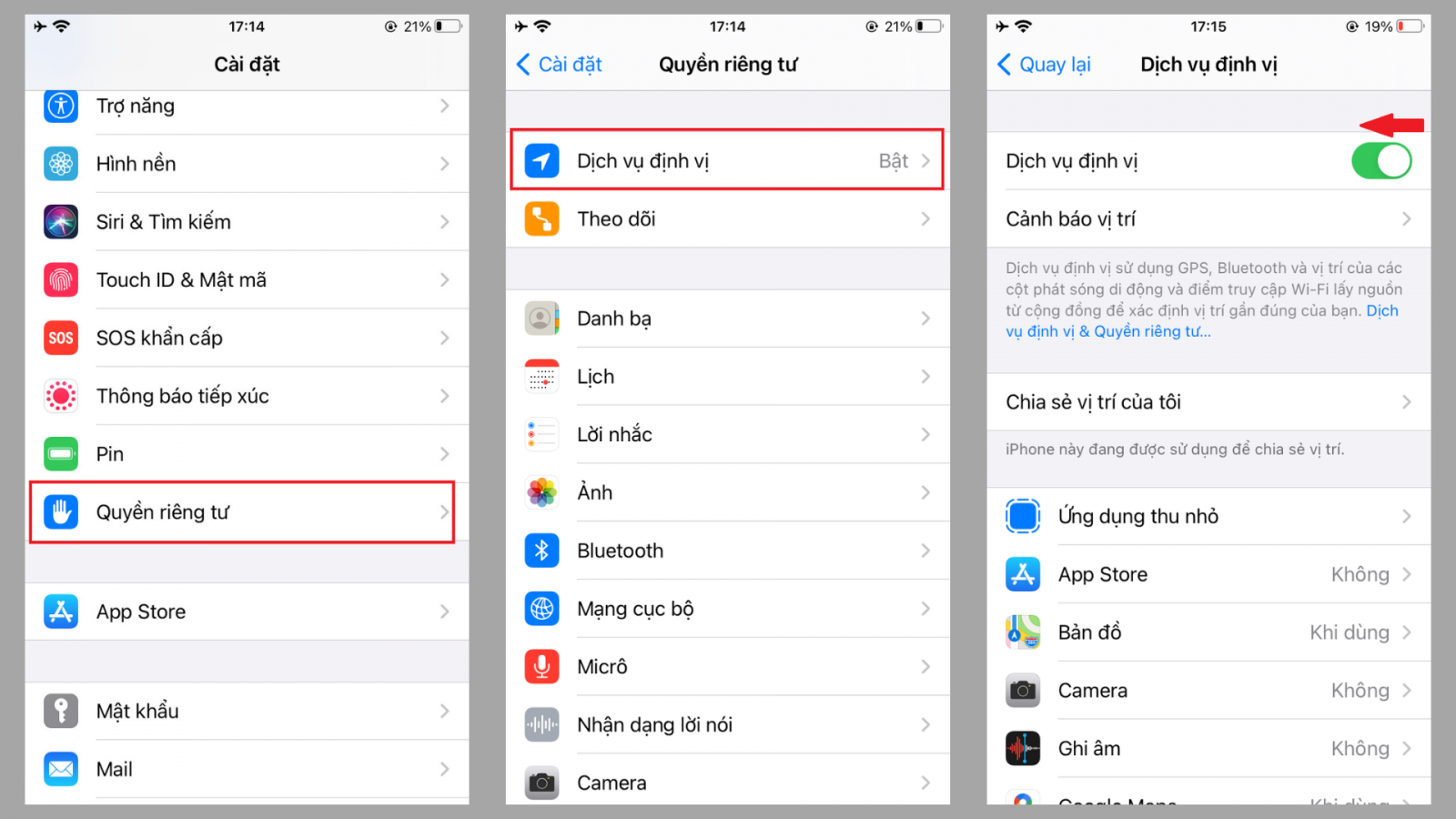 Vào mục Quyền riêng tư → Dịch vụ định vị