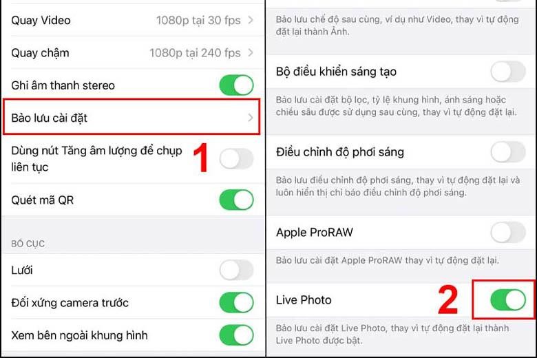 Chọn mục bảo lưu cài đặt, chọn Live Photo