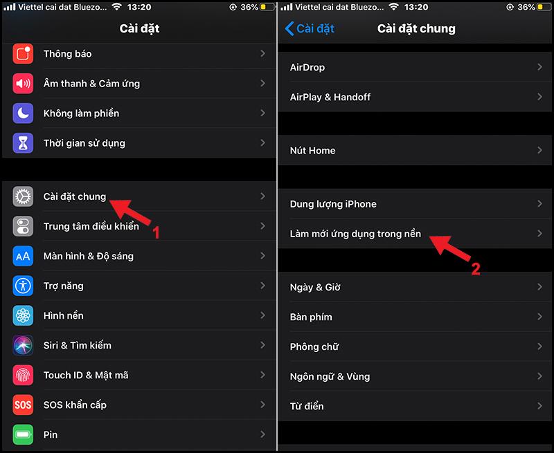 Nhần cài đặt chung và chọn Làm mới ứng dụng trong nền