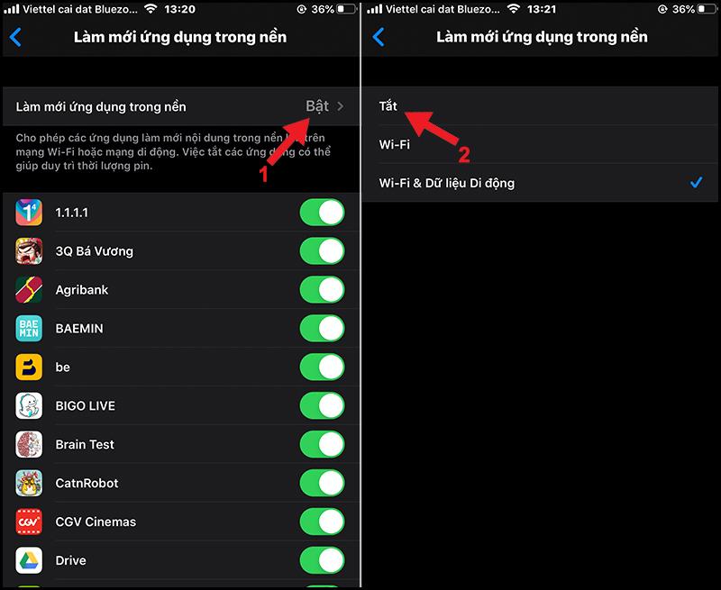 Vào mục Làm mới ứng dụng trong nền rồi nhấn Tắt