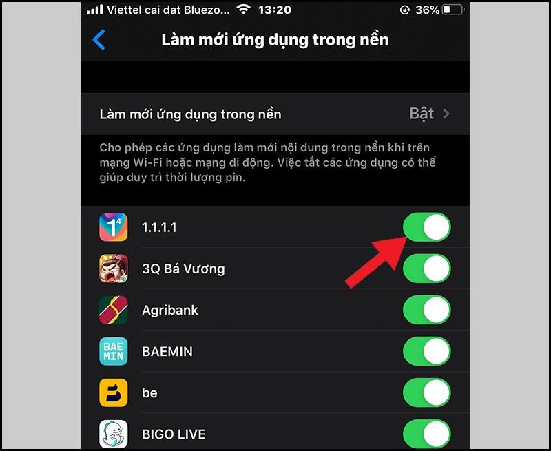 Gạt nút ở từng app tùy theo nhu cầu