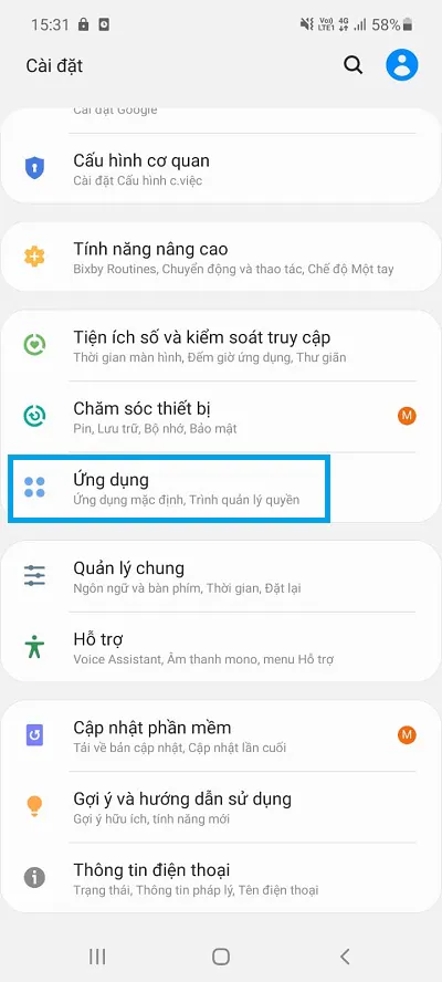 Truy cập vào “Cài đặt”>mục “Ứng dụng”