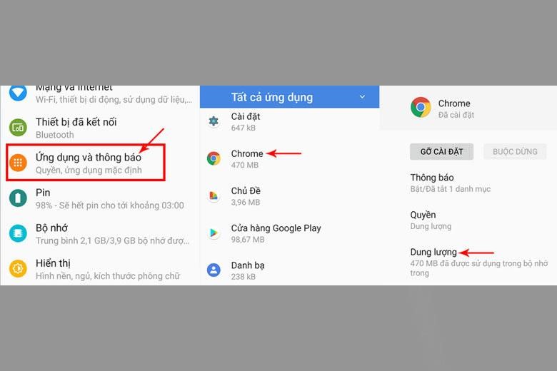 vào mục “Ứng dụng và thông báo”>chọn Chrome>Dung lượng