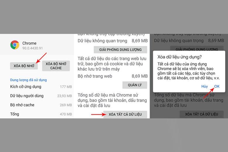  Tiếp tục nhấn vào “Xóa bộ nhớ” > bấm “Xóa tất cả dữ liệu”