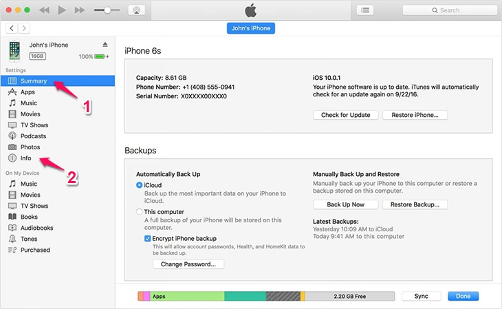Nhấp vào biểu tượng điện thoại trên giao diện của iTunes 