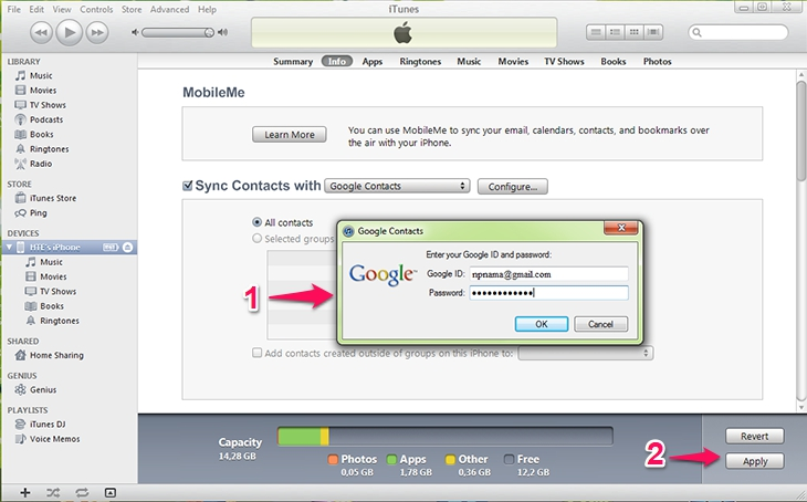 Nhấn vào nút Apply để iTunes đồng bộ danh bạ trên iPhone