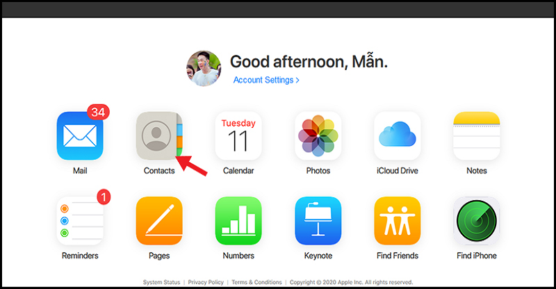 Ở trang chủ iCloud, lựa chọn Contacts (Danh bạ). 