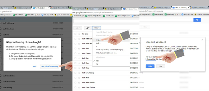 Chọn Choose File và đưa file đã xuất vào, để đồng bộ hóa danh bạ