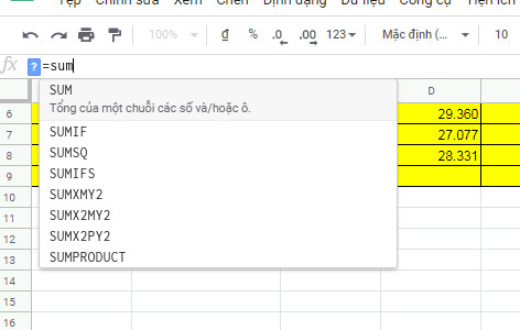 Các công thức cơ bản nhất có trong Google Sheets