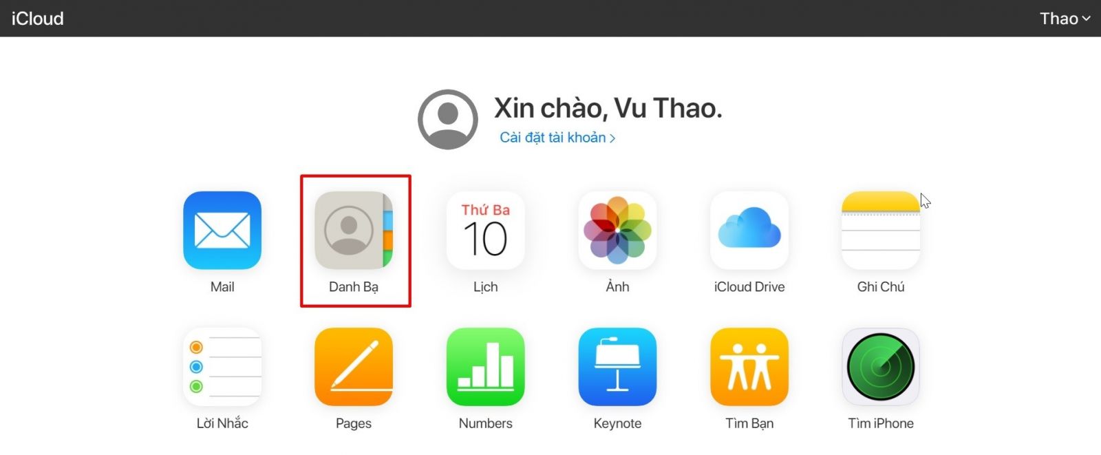 Chọn mục Danh bạ trên giao diện icloud
