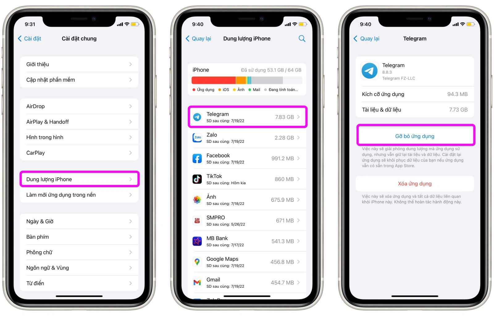 Chọn mục “Dung lượng iPhone” sau đó nhấn “Gỡ ứng dụng” đã chọn