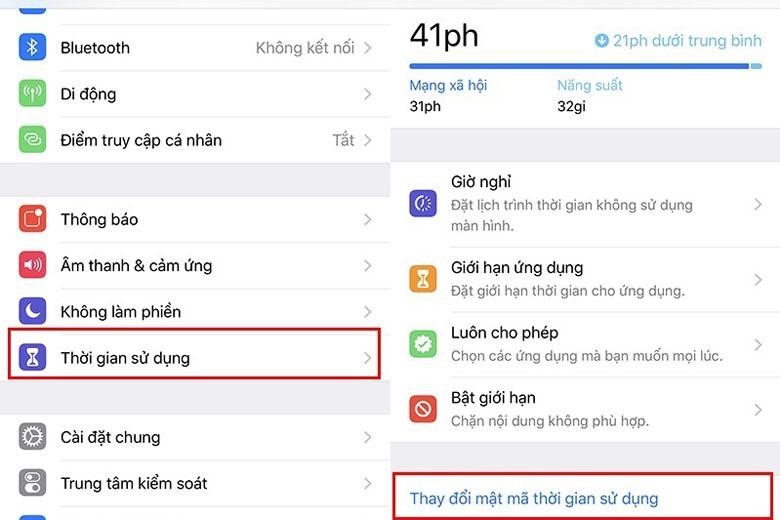  Truy cập vào Cài đặt → Thời gian sử dụng → Thay đổi mật mã thời gian sử dụng