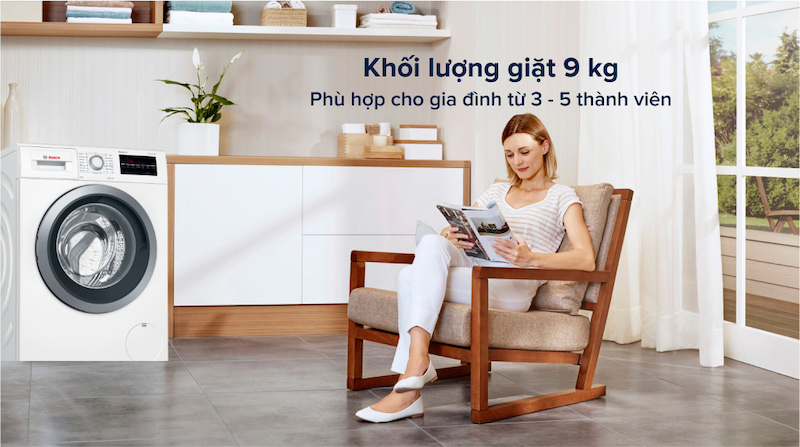 Giặt thoải mái với khối lượng giặt lên đến 9Kg