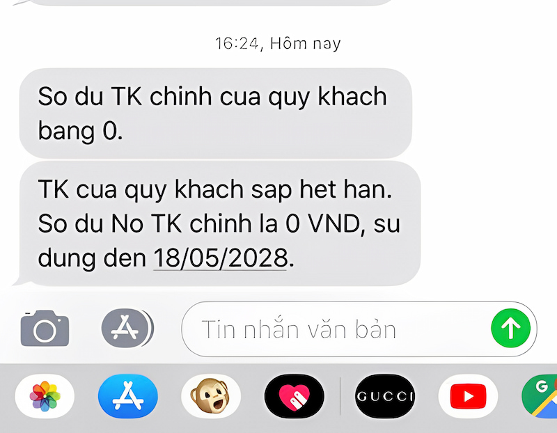 Số dư tài khoản không đủ để gửi tin nhắn tới tổng đài trên iPhone