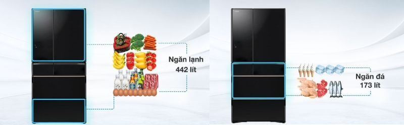 Dung tích tủ lạnh lớn, có nhiều ngăn chứa để dự trữ thực phẩm 