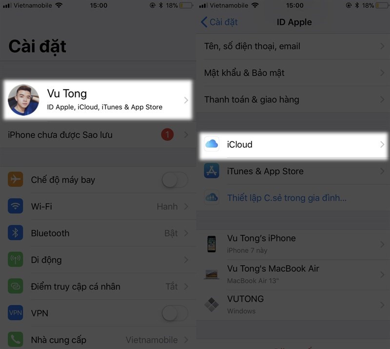 Vào thông tin cá nhân ở ngay trên đầu giao diện rồi chọn “Icloud”