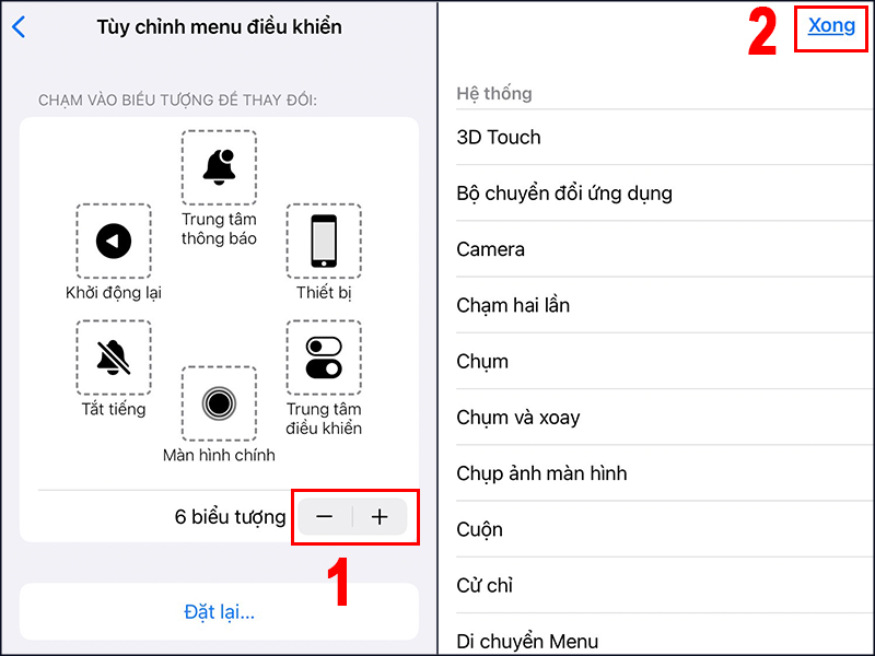 Chọn dấu + hoặc - để chỉnh sửa số lượng công cụ trong phím Home ảo