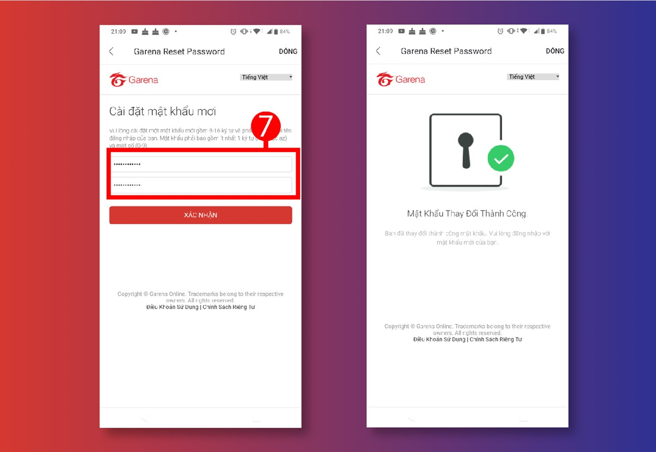 thay đổi mật khẩu garena