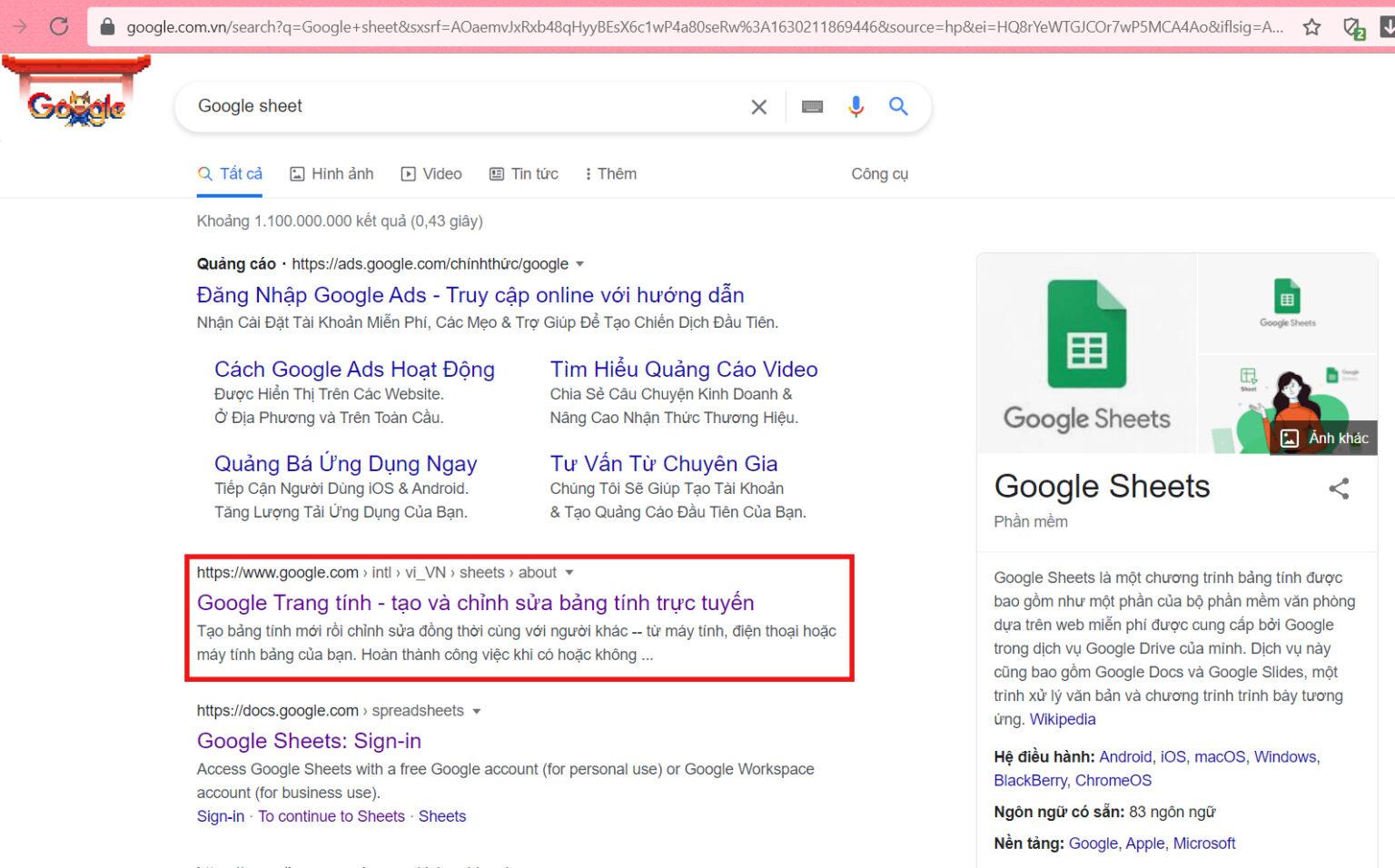 Tìm kiếm ứng dụng Google trang tính