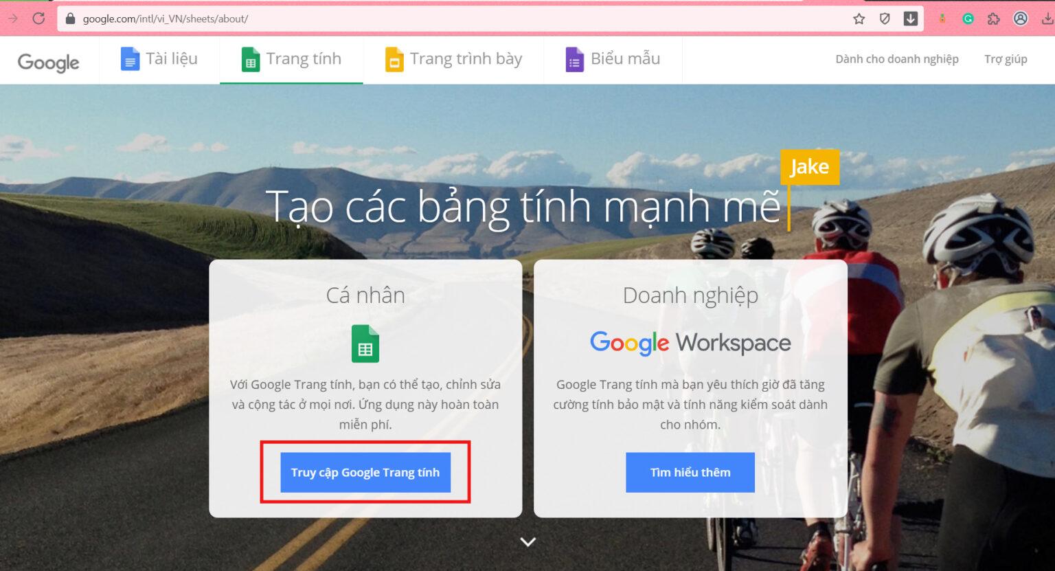 Truy cập Google trang tính